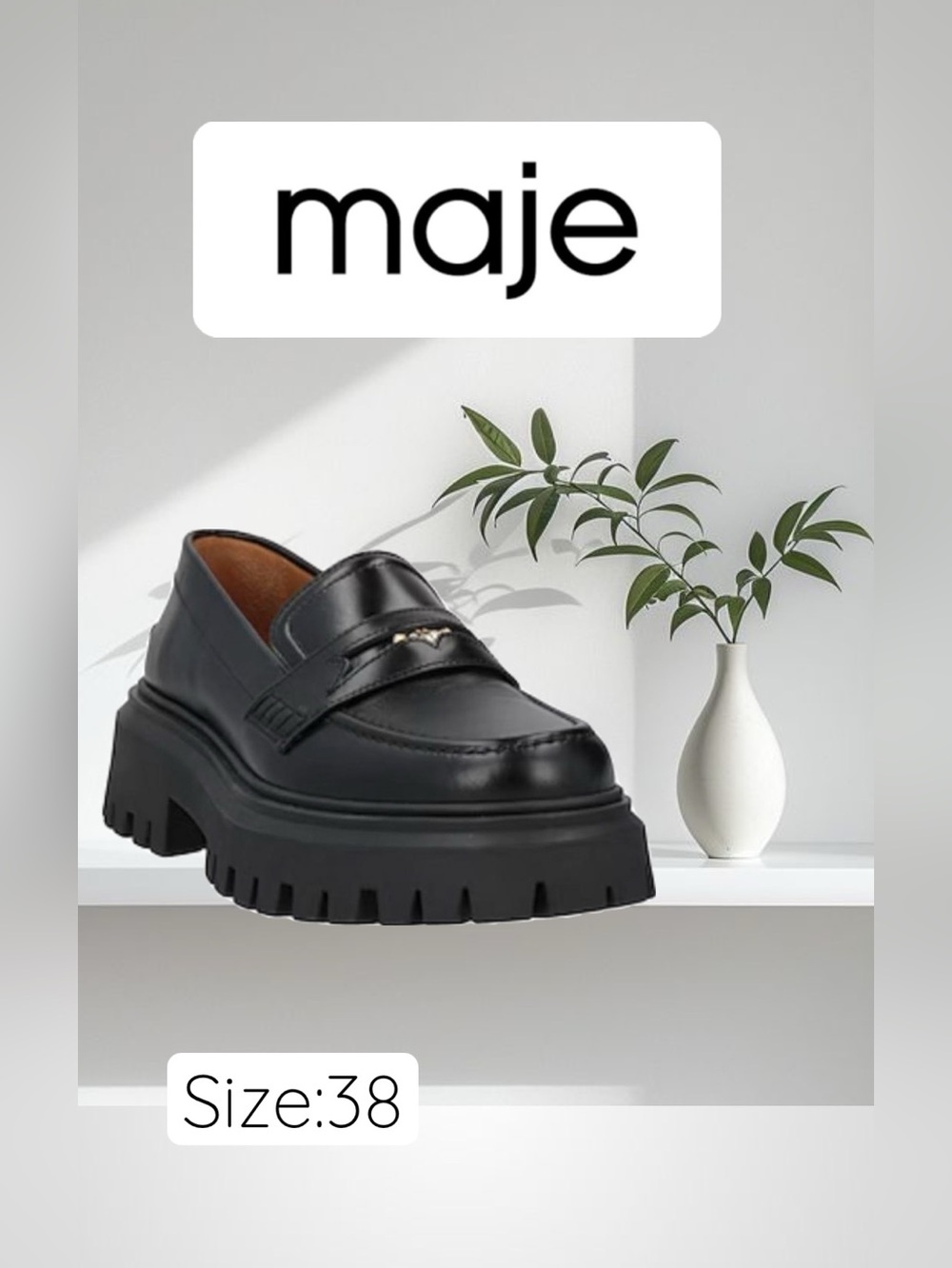 Maje Medallion Platform Penny Loafers Black Leather Chunky Size:38